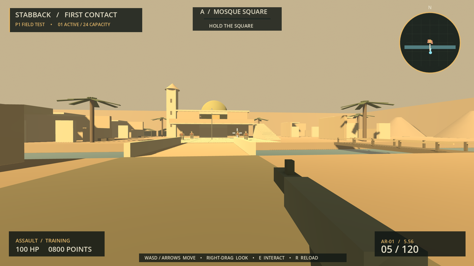 Eerste Stabback-field test met mosque square, HUD en één actieve speler