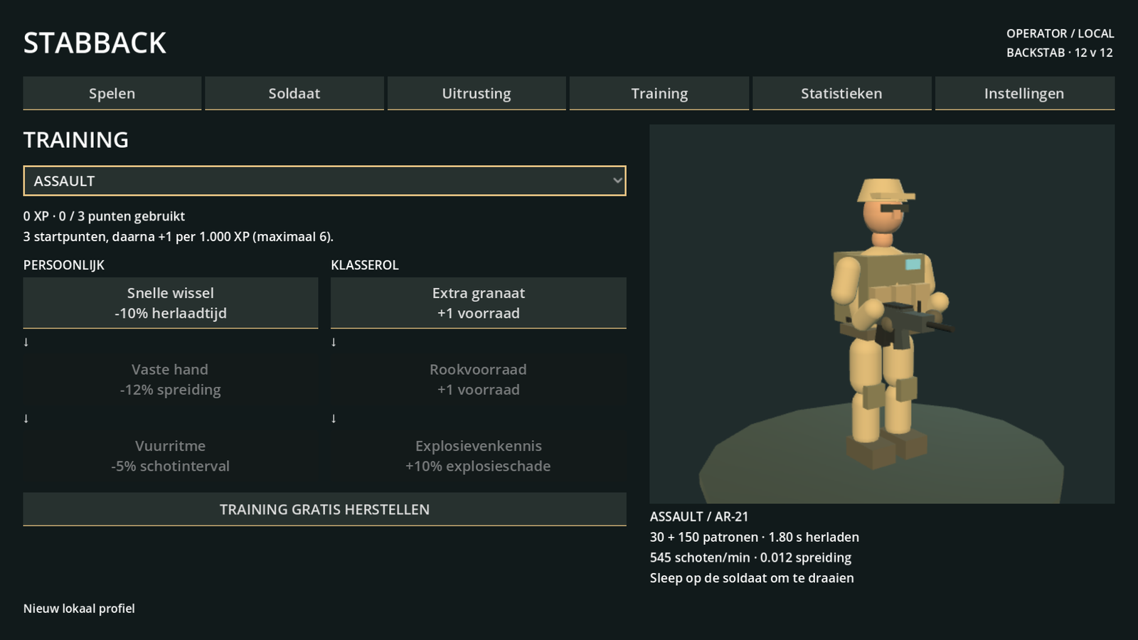 P6 operator training met klassekeuze, skill tree en een eigen soldaat