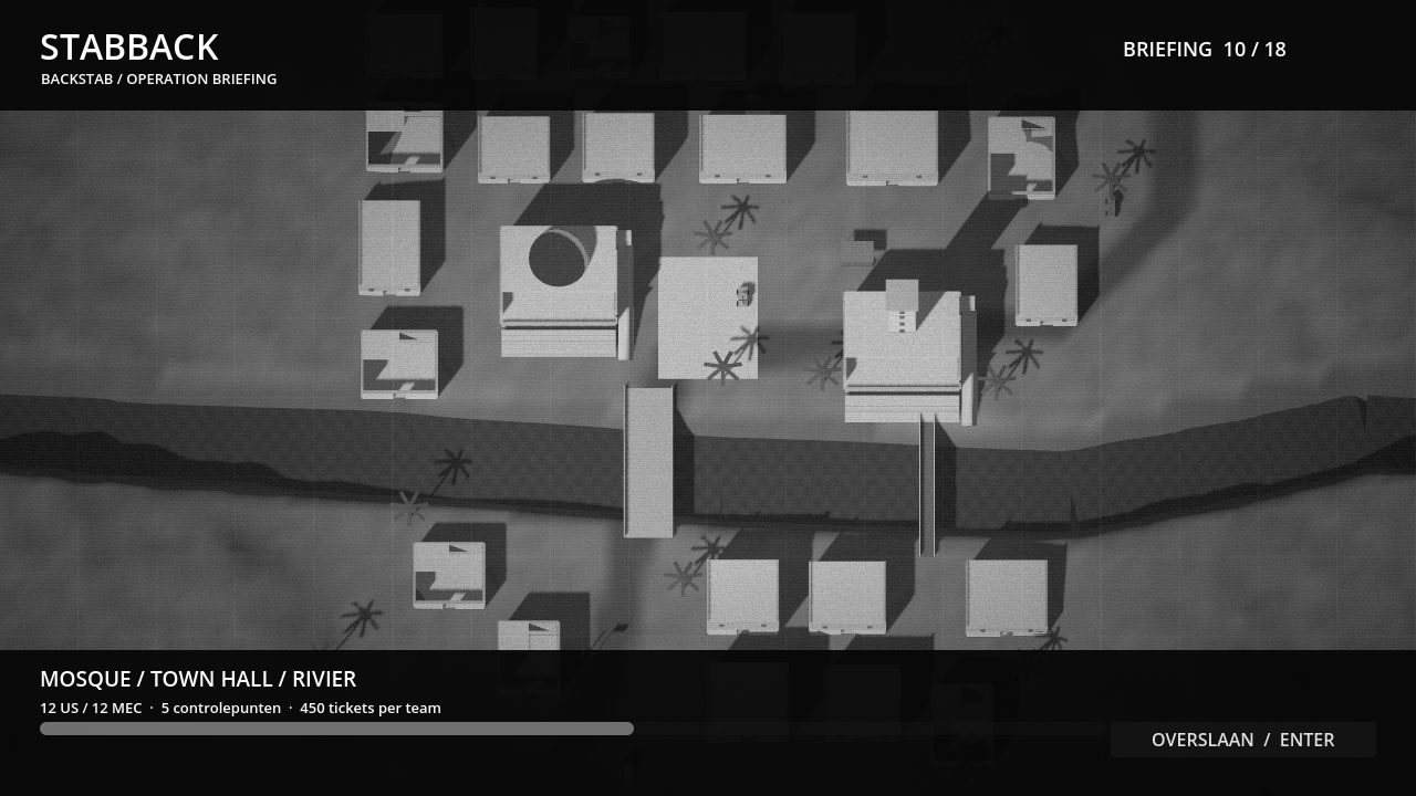 P7 monochrome briefing-intro met bovenaanzicht van de Stabback-kaart
