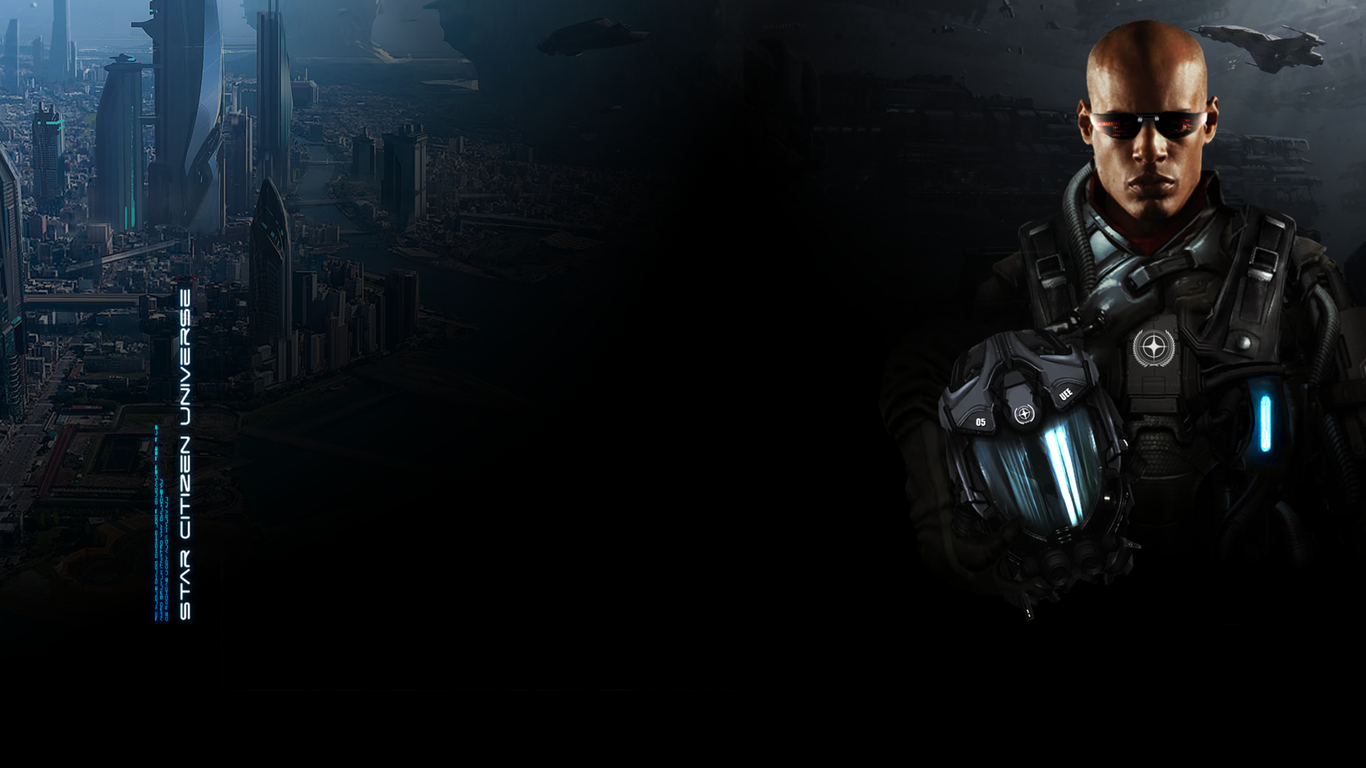 Originele achtergrond van Star Citizen Universe met sci-fi stad en personage.