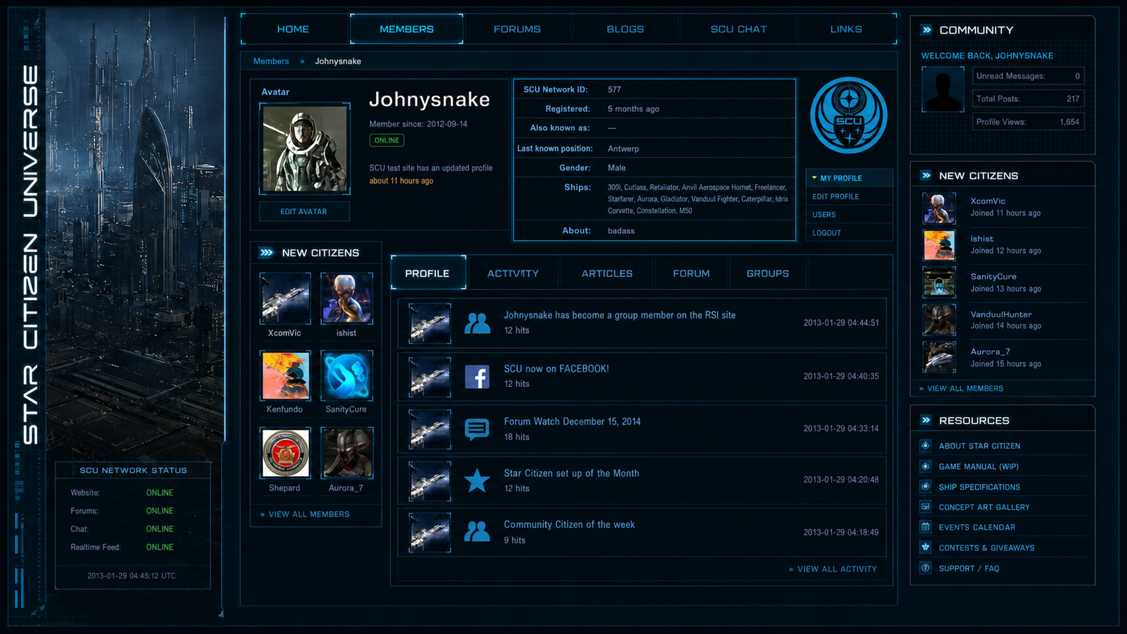 Volledige profielpagina van Star Citizen Universe met avatar, profieldata, tabs, activiteit en communitymodules.