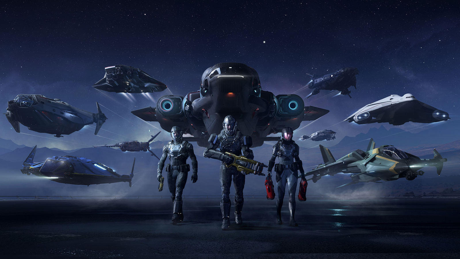 Star Citizen sfeerbeeld met schepen, piloten en nachtelijke sci-fi omgeving.