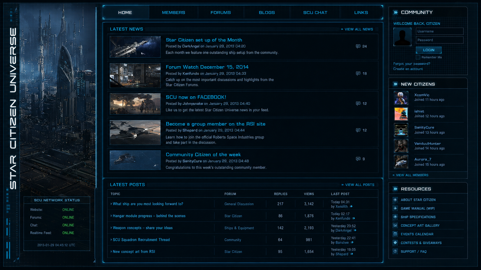 Star Citizen Universe hoofdinterface met HUD-navigatie, nieuwsfeed en communitypanelen.
