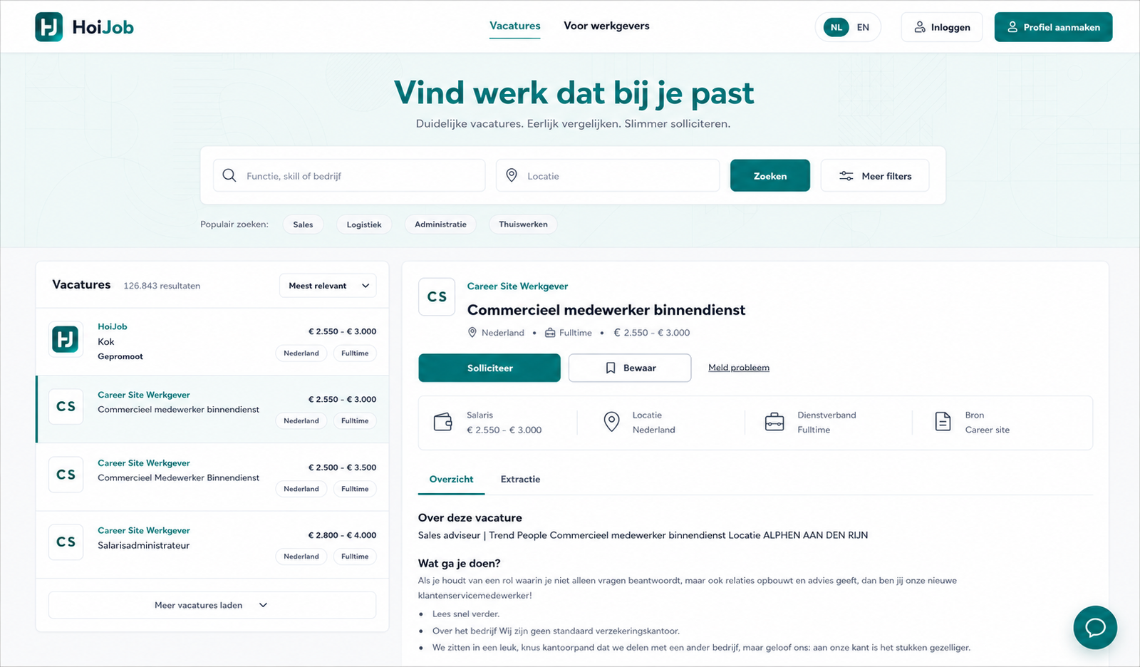 Publieke HoiJob-vacaturezoeker met zoekfilters, vacaturelijst en detailweergave.