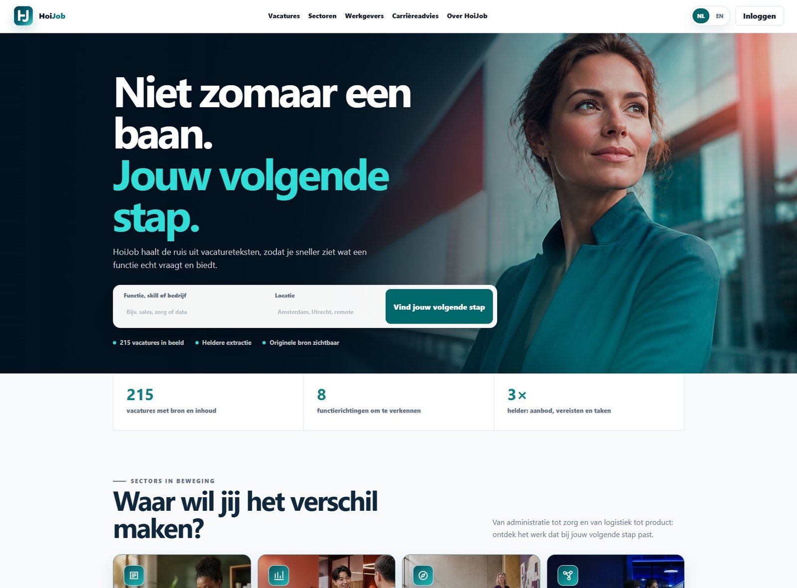 Publieke HoiJob-homepage met vacaturezoeker, kandidatenbeeld en sectoroverzicht.