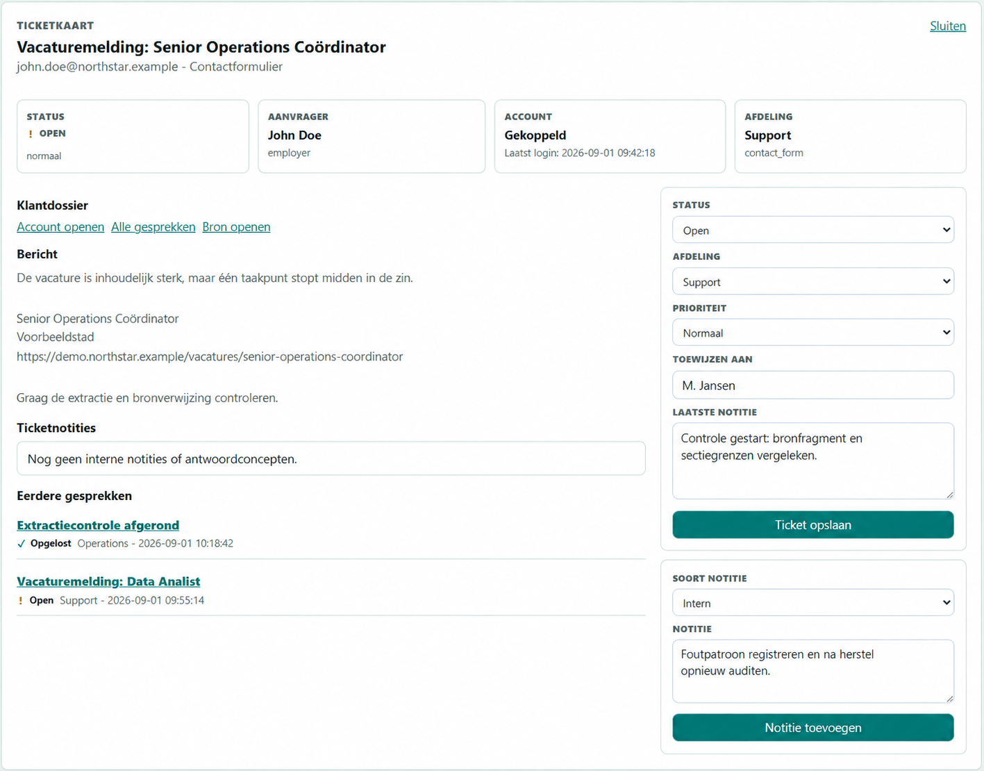 Fictieve HoiJob-ticketkaart voor een extractiemelding.