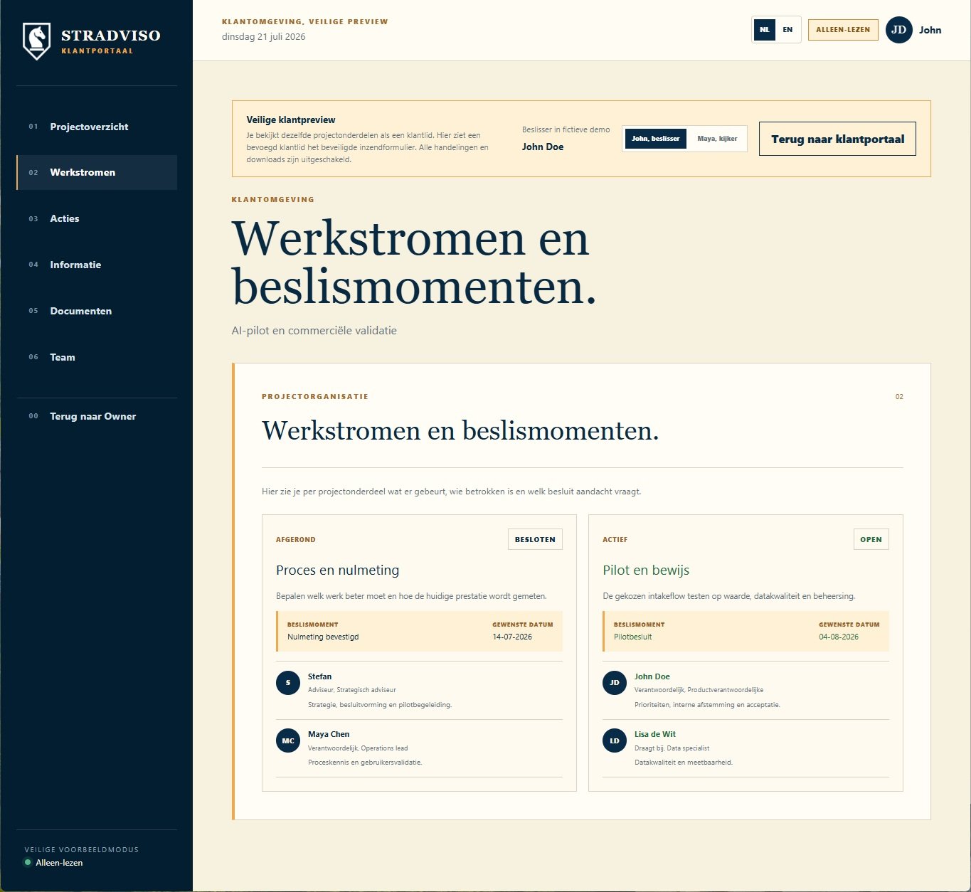 Stradviso klantportaal met werkstromen, beslismomenten en projectrollen.