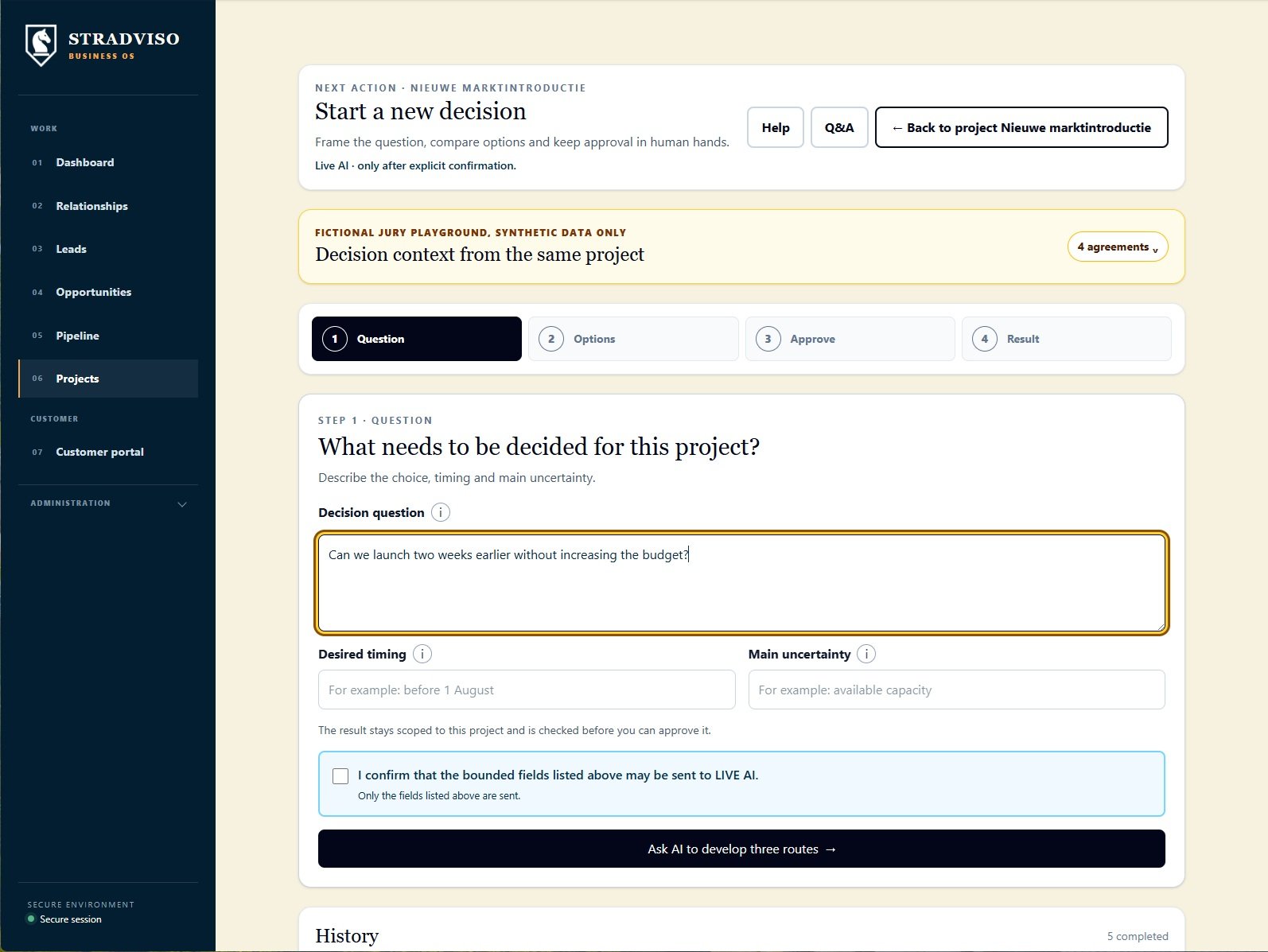 Decision Studio startscherm met een projectvraag, timing, onzekerheid en expliciete bevestiging voor live AI.