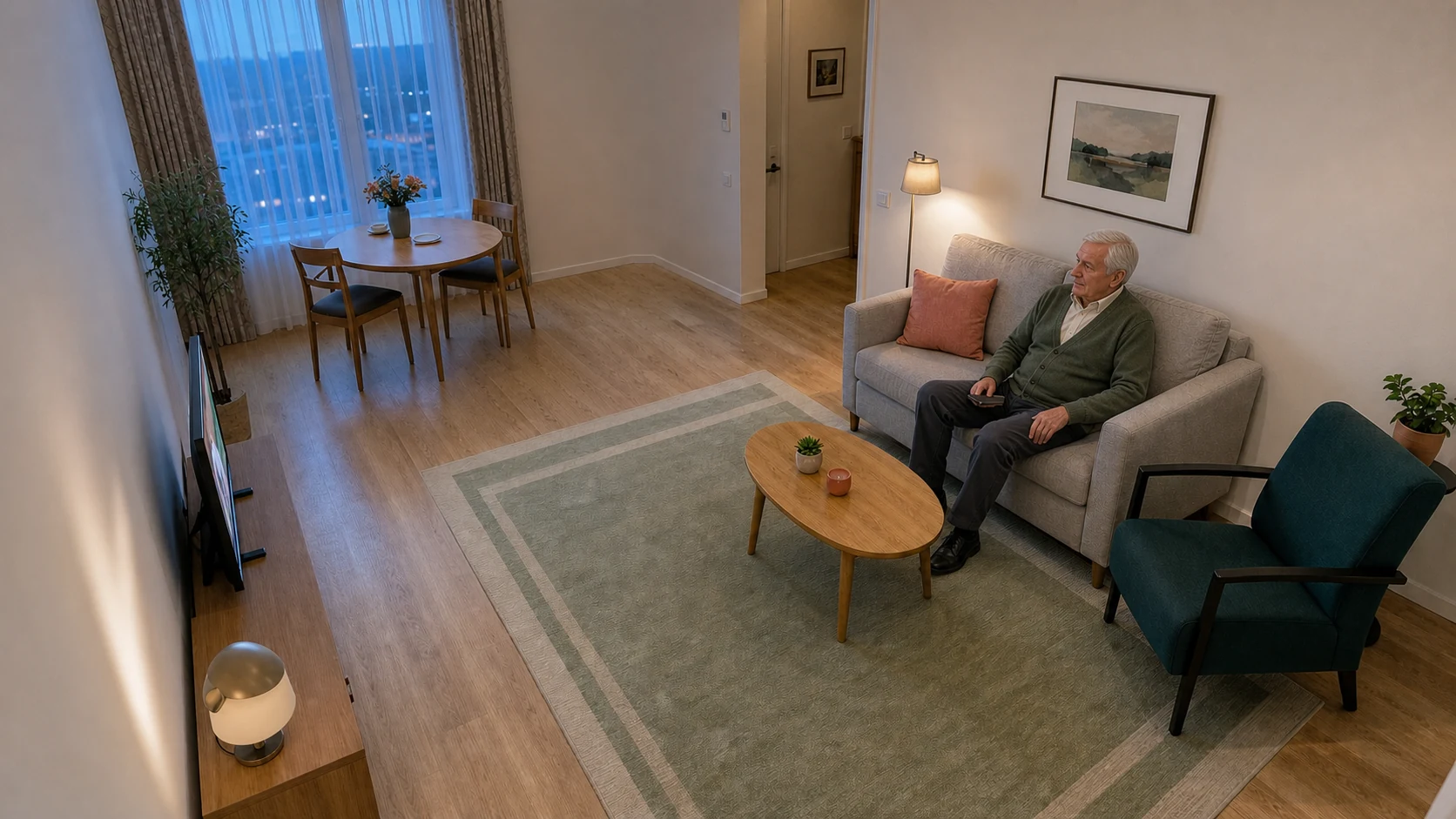 Bewoner kijkt vanaf de bank televisie