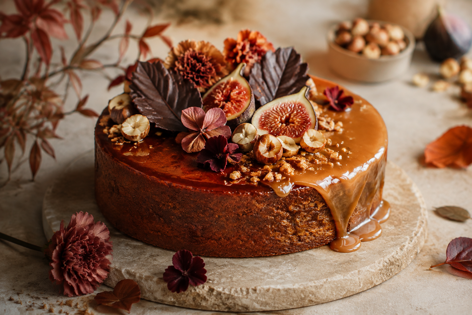 Herfsttaart met glanzend gezouten karamelglazuur, vijg en hazelnoot.