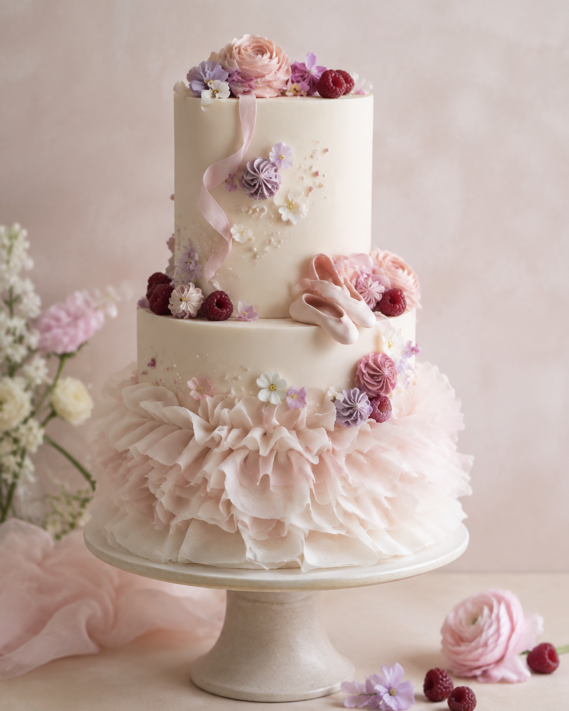 Elegante ballerina-kindertaart met fondantruches.