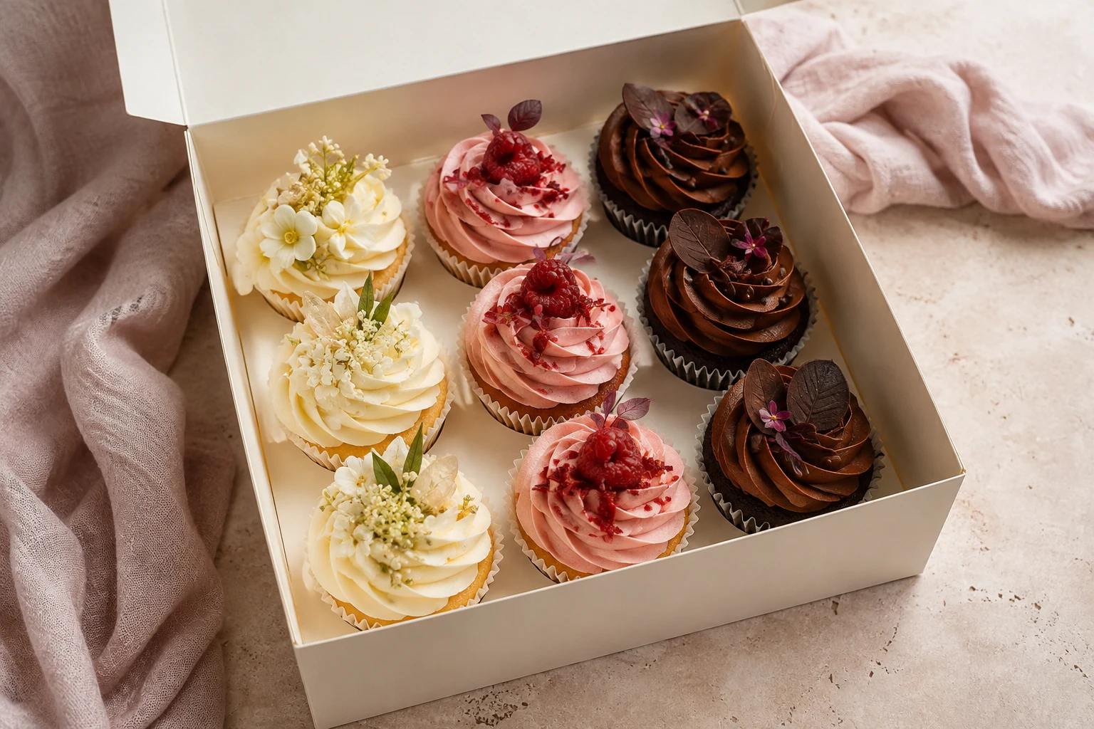 Open patisseriedoos met botanische cupcakes.