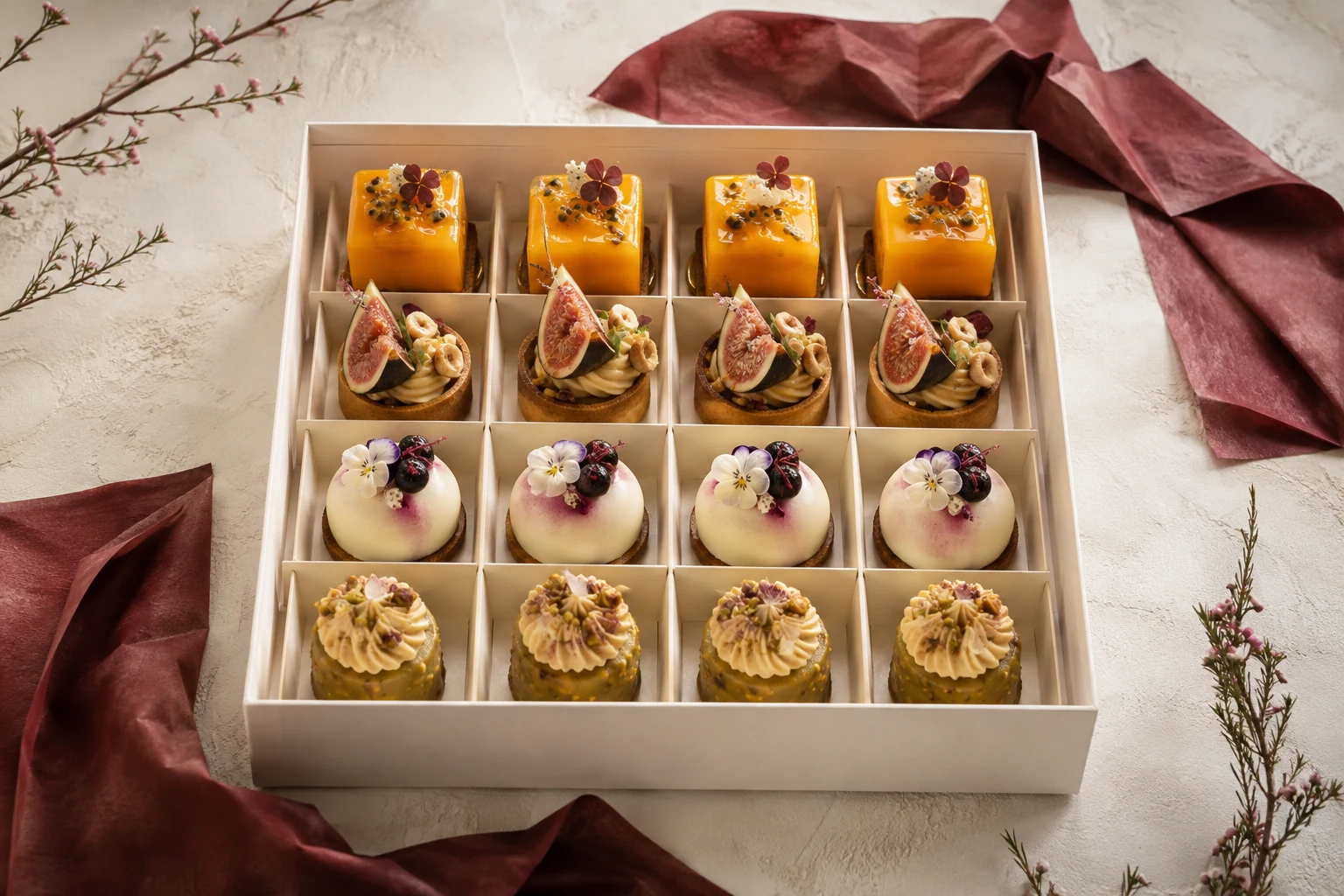 Luxe dessertbox met zestien kleine gebakjes in vier smaken.