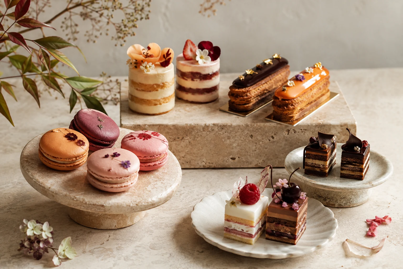 Kleine patisserie met macarons, choux, mini-laagtaartjes en chocoladegebak.