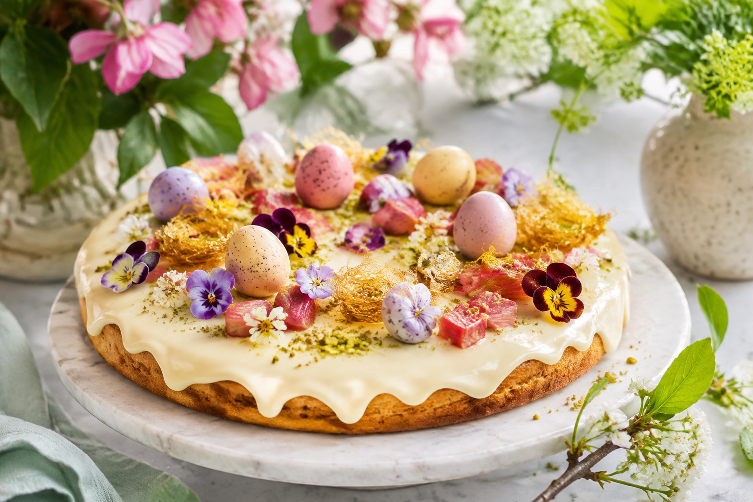 Elegante paastaart met citroen, marsepein, pistache en eetbare bloemen.