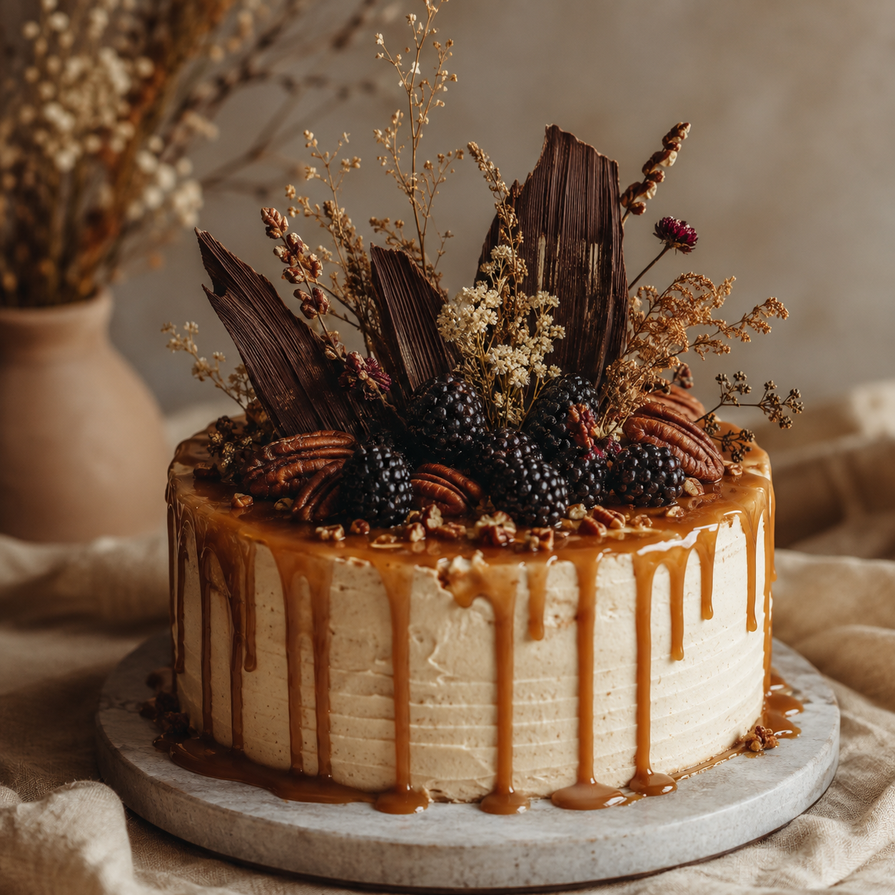 Elegante country-taart met honing, pecan, karamel en wilde bloemen.