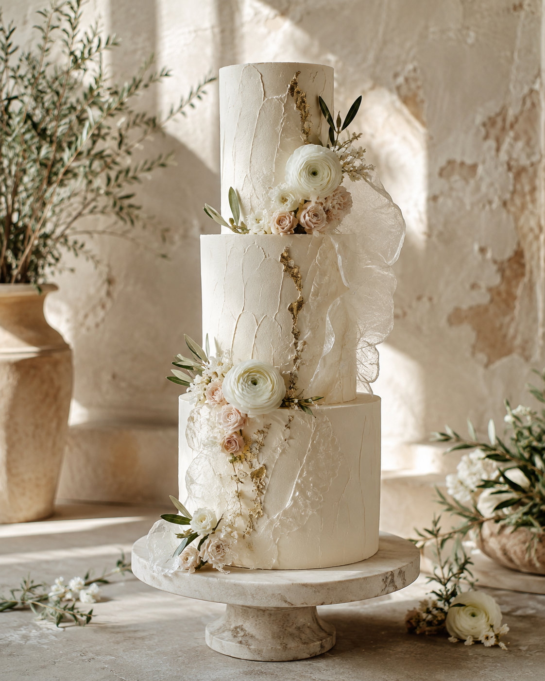 Hoge elegante huwelijkstaart in ivoor met witte chocoladebloemen en botanische takken.