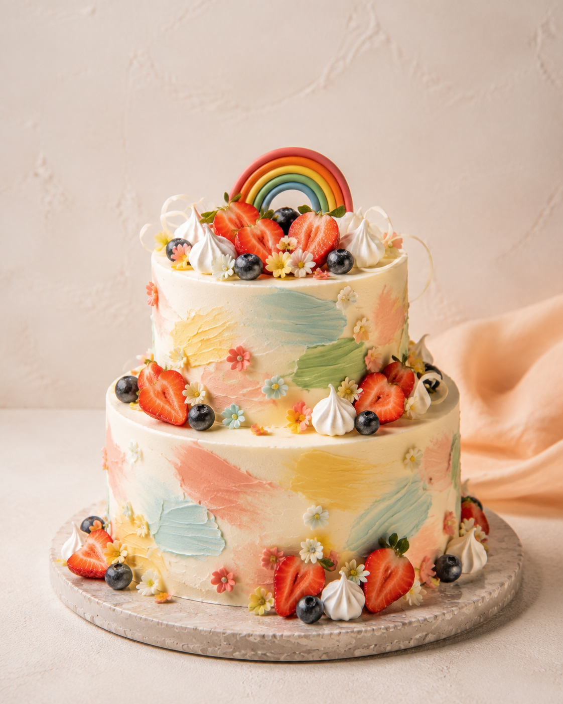 Speelse elegante kindertaart met eetbare kleuraccenten en fruit.