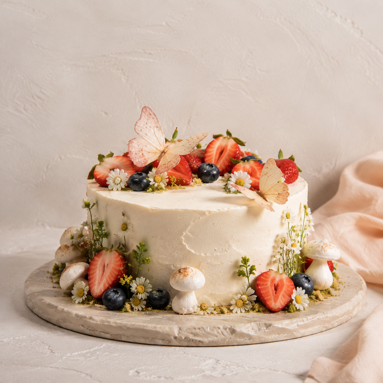 Speelse kindertaart met eetbare bloemen, bessen en zachte kleuren.