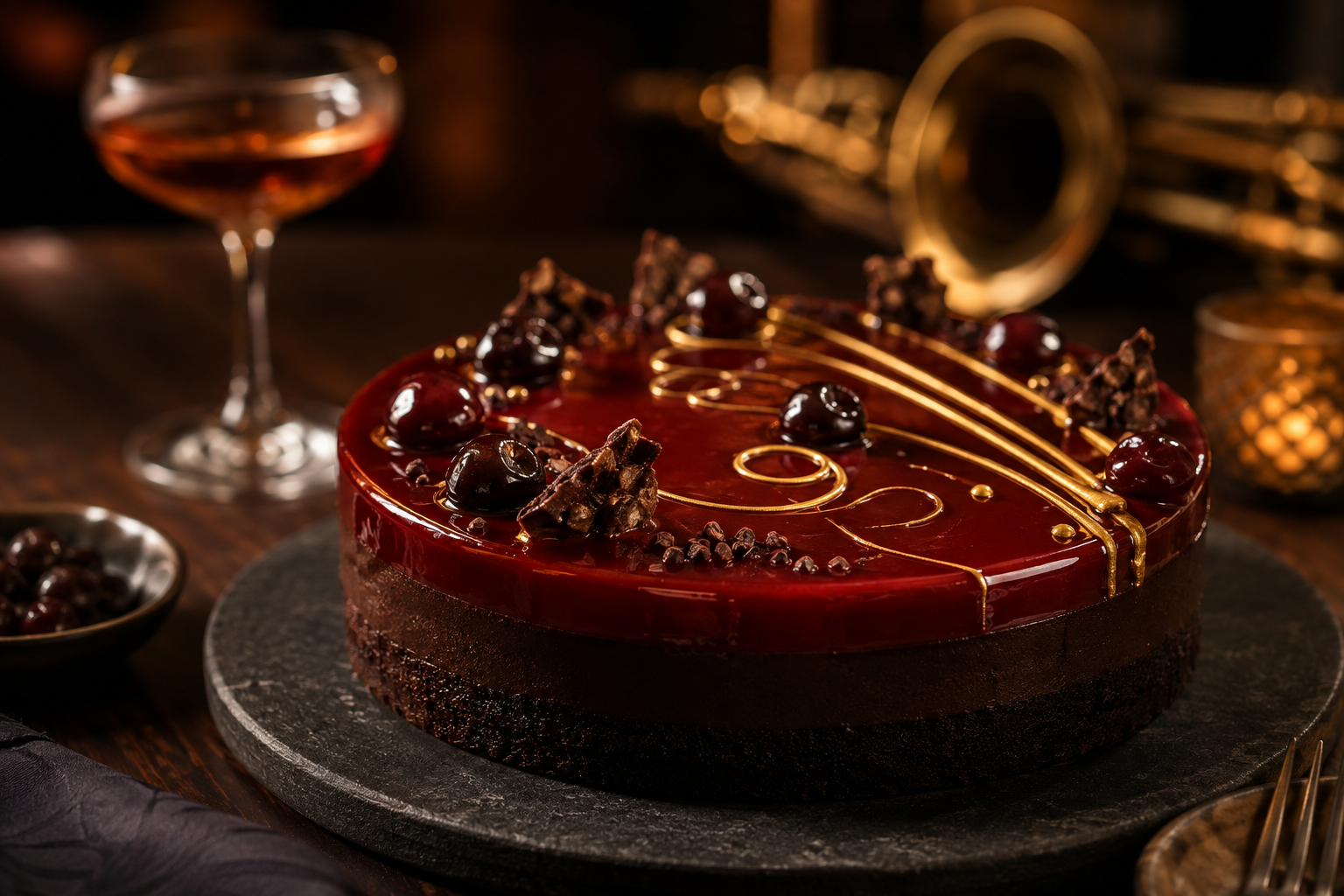 Jazz- en cocktailtaart met espresso, kers en chocolade.