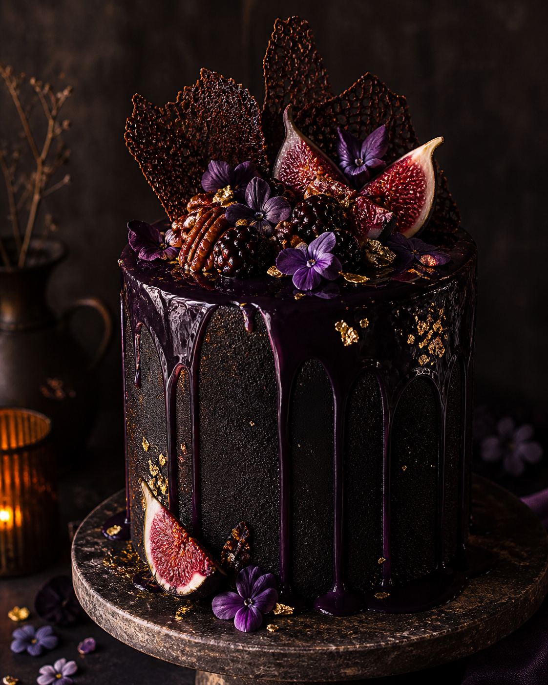 Elegante Halloween-geïnspireerde taart met pruim, braam en chocolade.