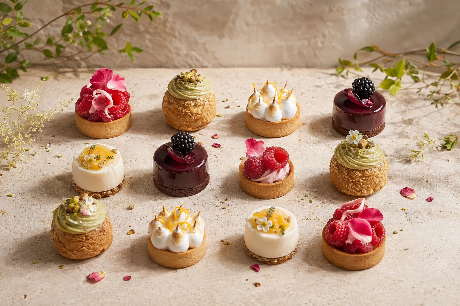 Twaalf verfijnde petit fours en mini-tartelettes op warm natuursteen.