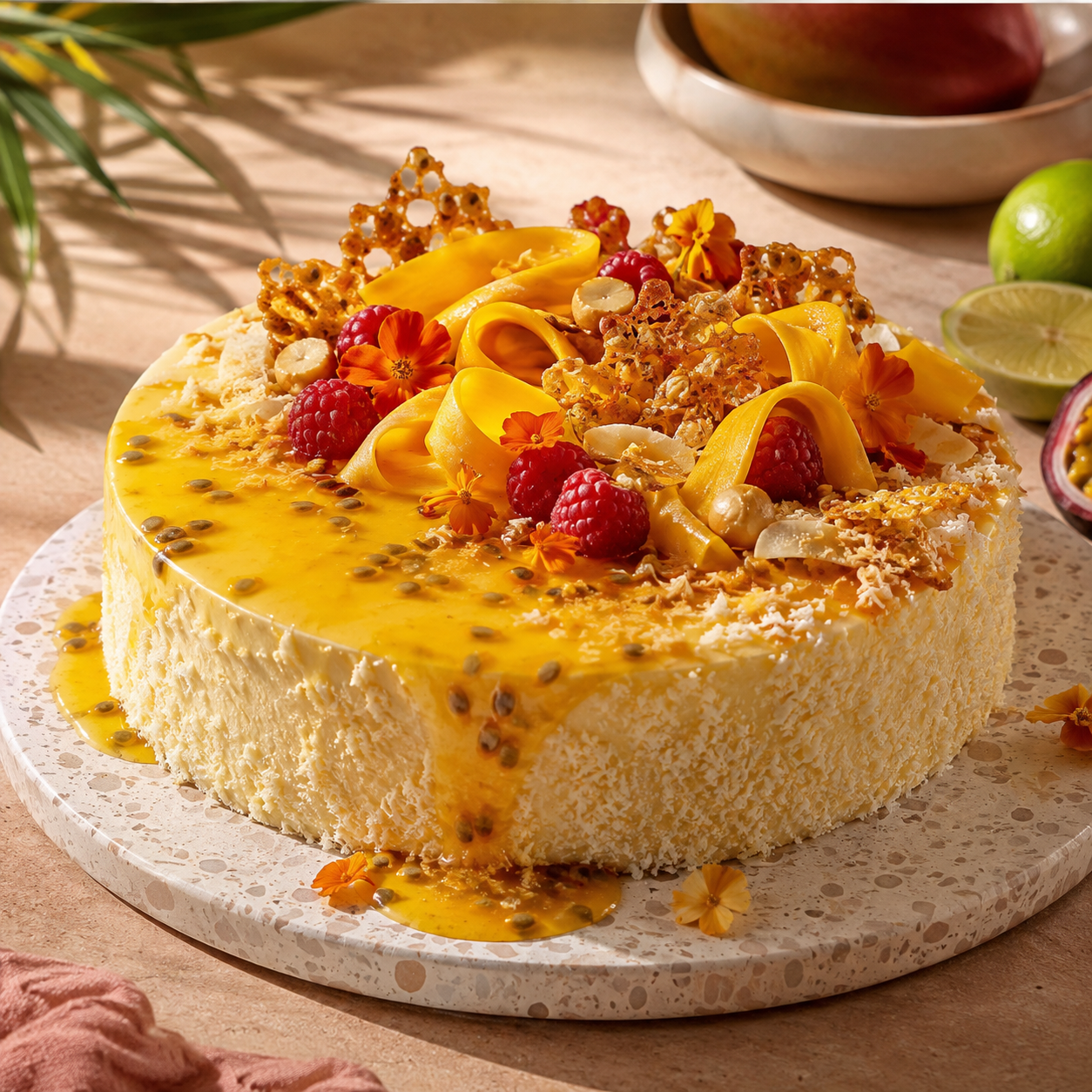 Zomertaart met passievruchtglans, mango en kokos.