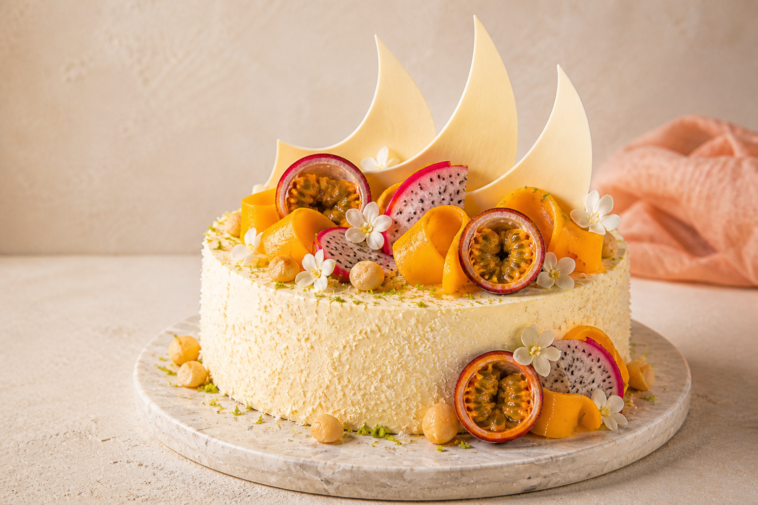 Tropische vanilletaart met exotisch fruit.