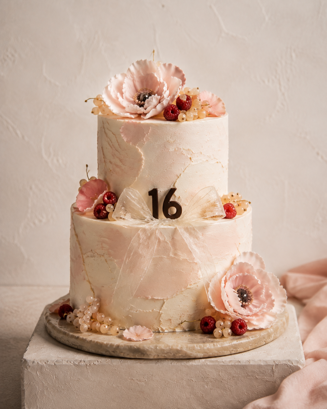 Elegante Sweet Sixteen-taart met een subtiele zestien decoratie.