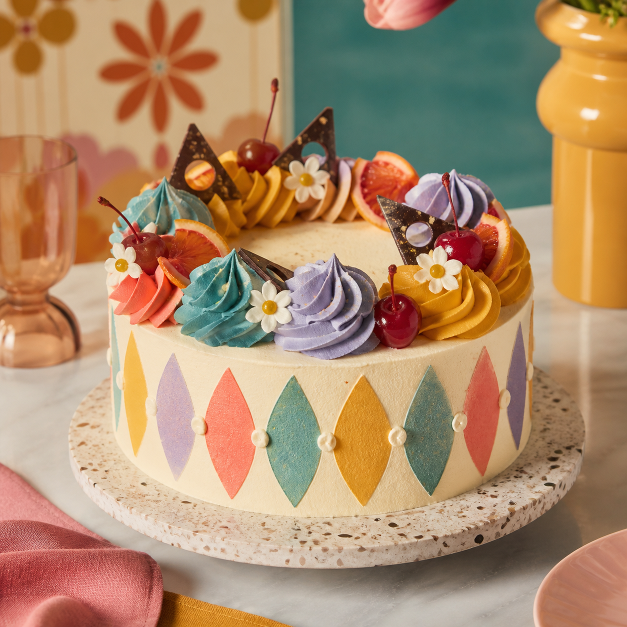Sixties-taart met kleurrijke botercrème en citrus.