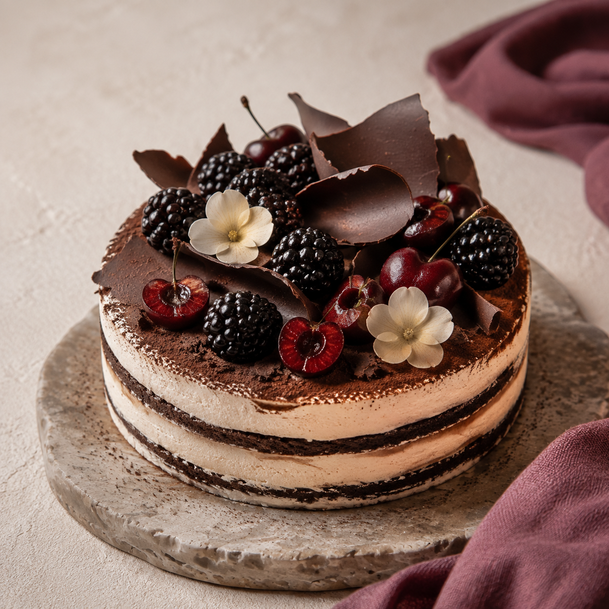 Lage chocolade-vanilletaart met bramen, kersen, chocoladescherven en witte bloemetjes.