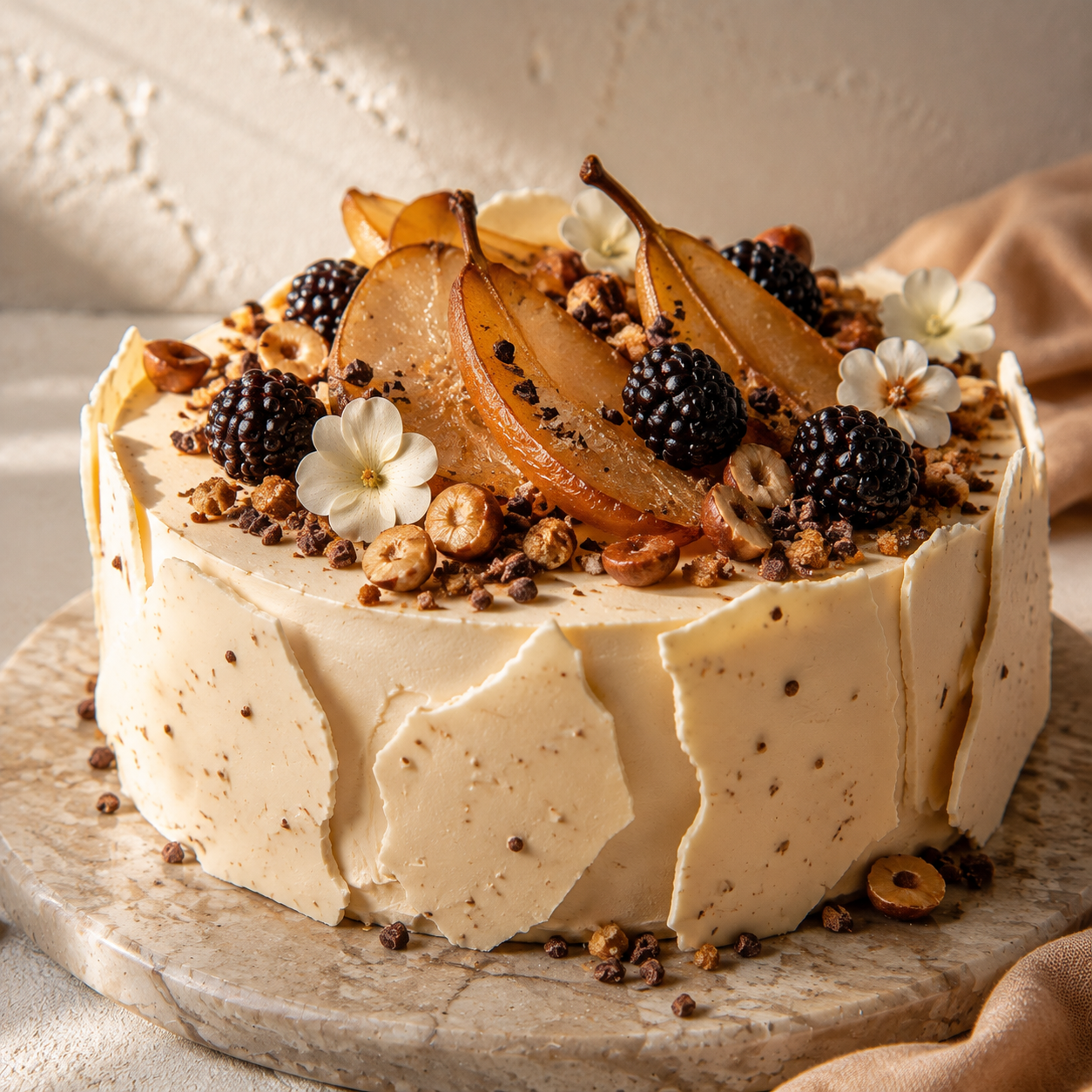 Elegante witte chocoladetaart met donkere chocolade-accenten en bloemen.