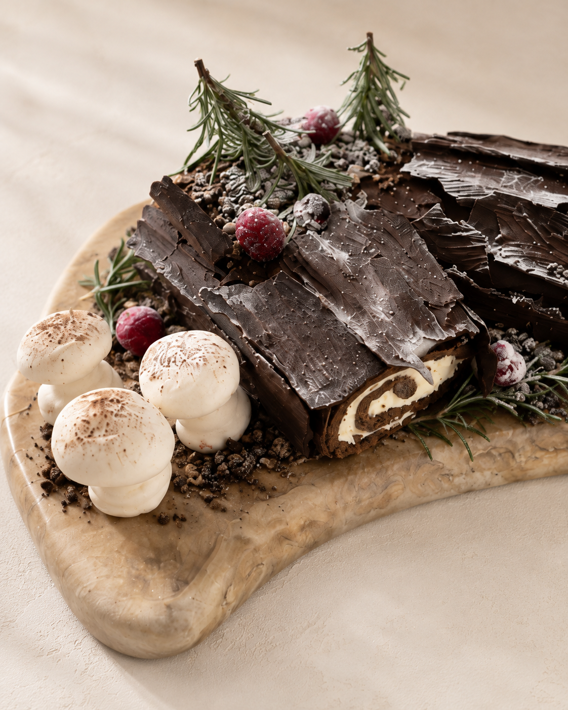 Detail met donkere chocolade, bessen en meringue.
