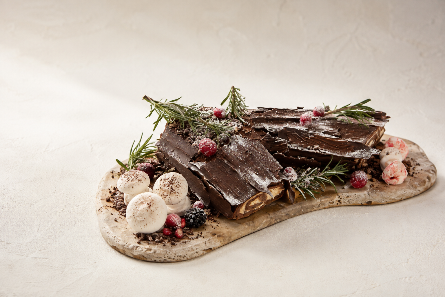 Lage chocolade-boomstamtaart met bessen en meringue.