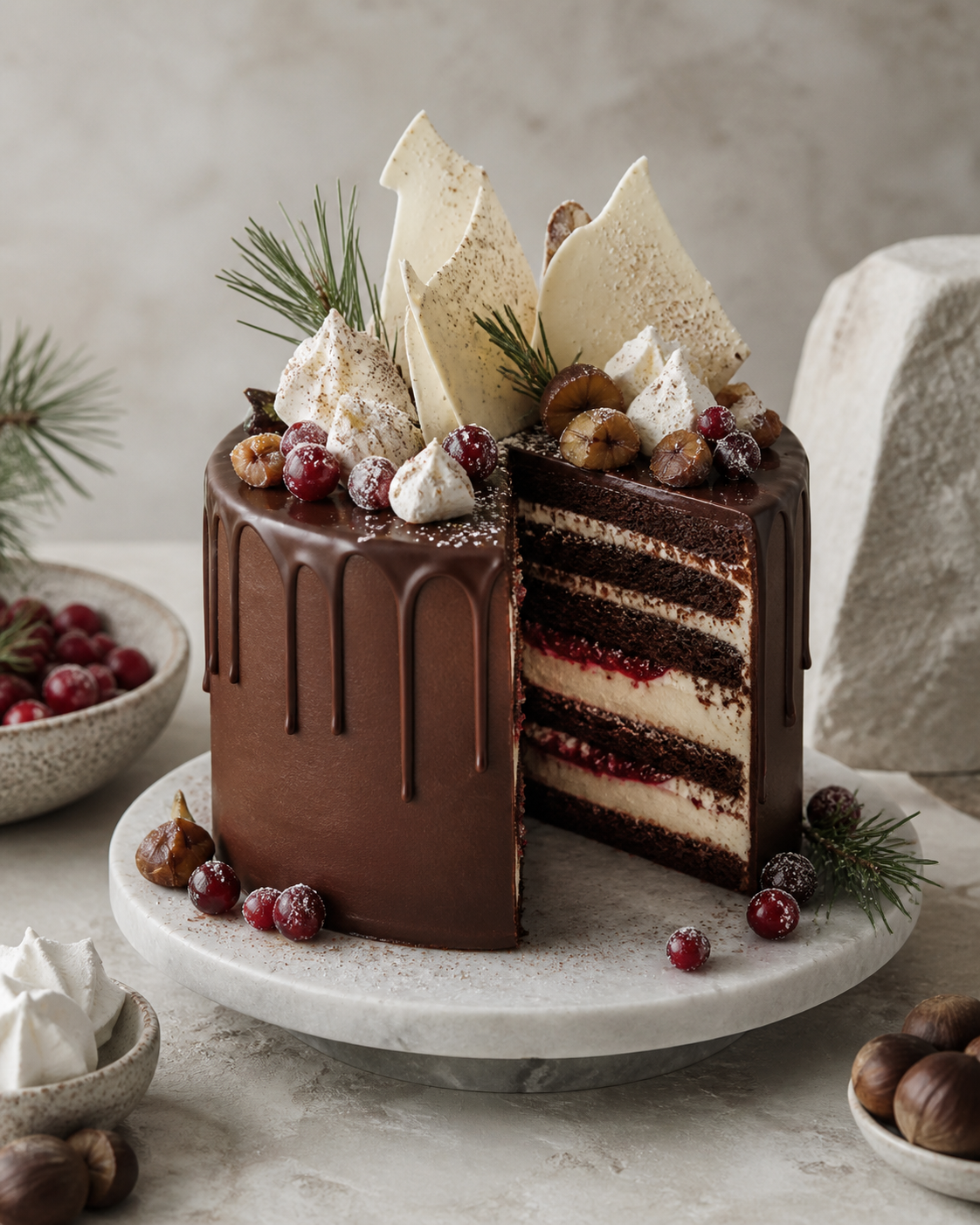 Wintertaart met donkere ganachedrip, witte chocolade en cranberry.