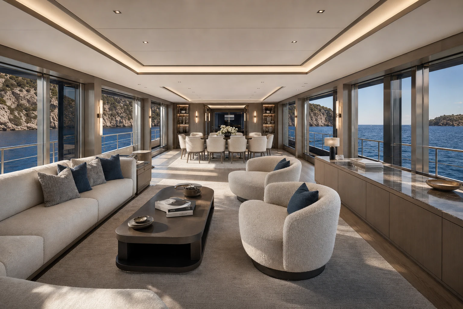 Salon en dining van AURELIA met doorlopende donkere beglazing en zicht op zee