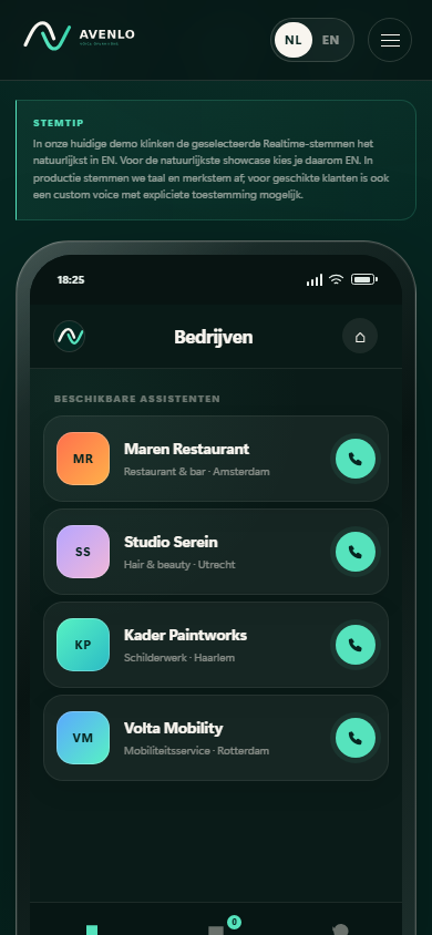 AVENLO live demo on mobile
