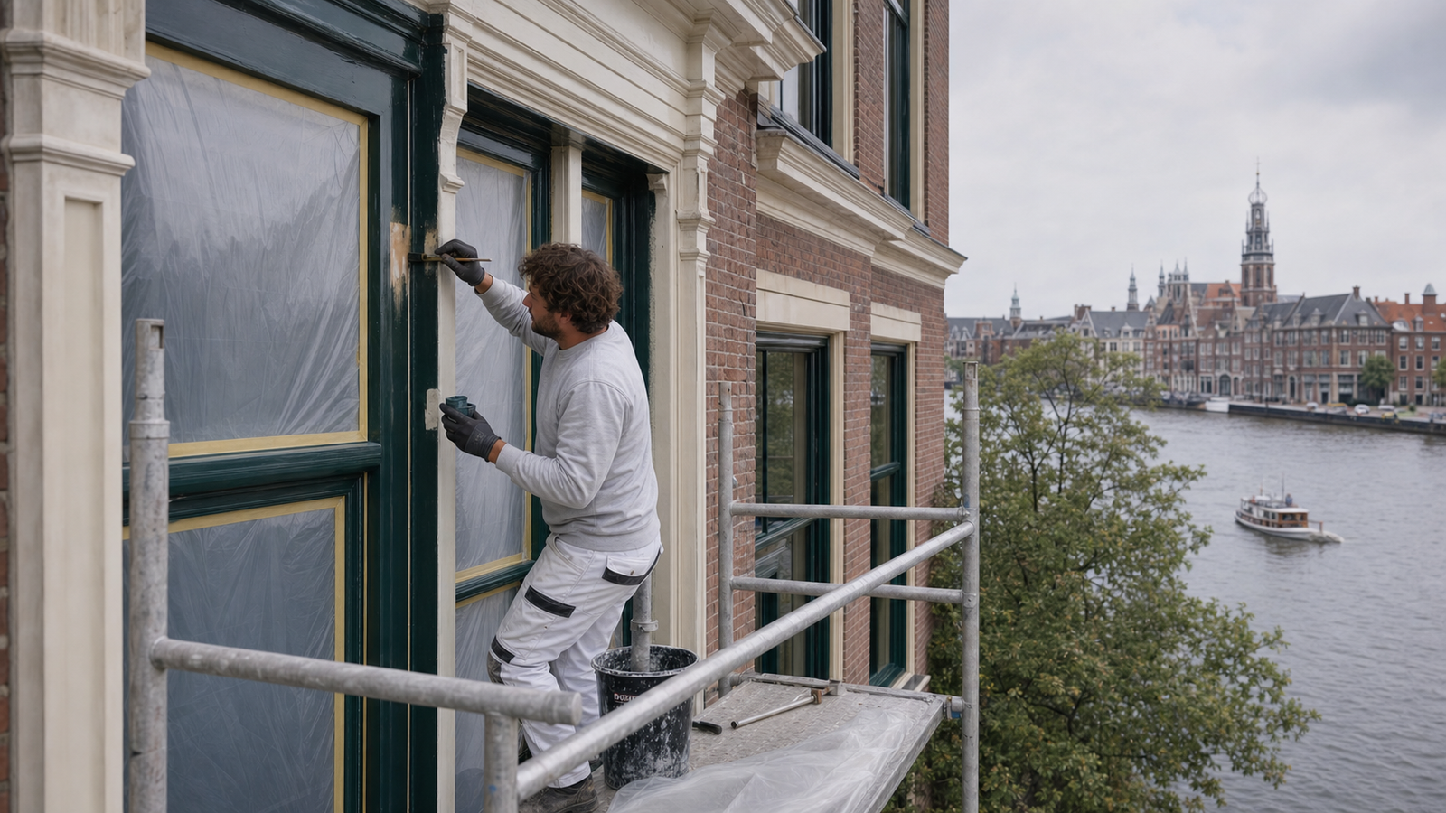 Restauratieschilderwerk aan historische kozijnen langs het Spaarne