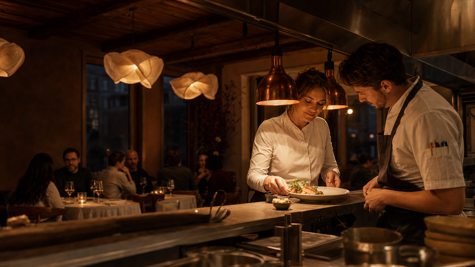 Chef-eigenaar Maren de Vos aan de open keukenpass