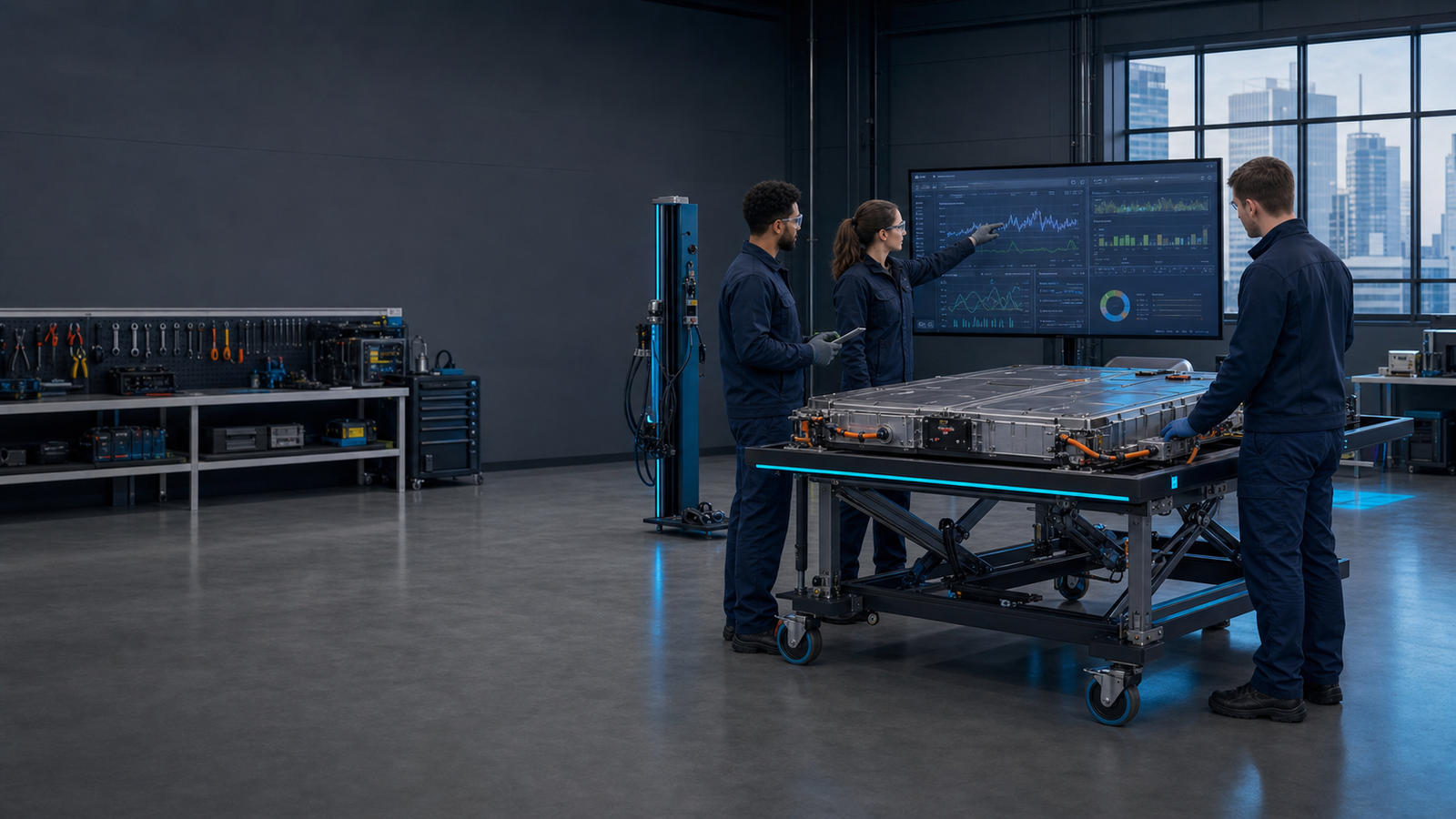 Volta-team analyseert een veilig ondersteund EV-accupakket in het batterijlab