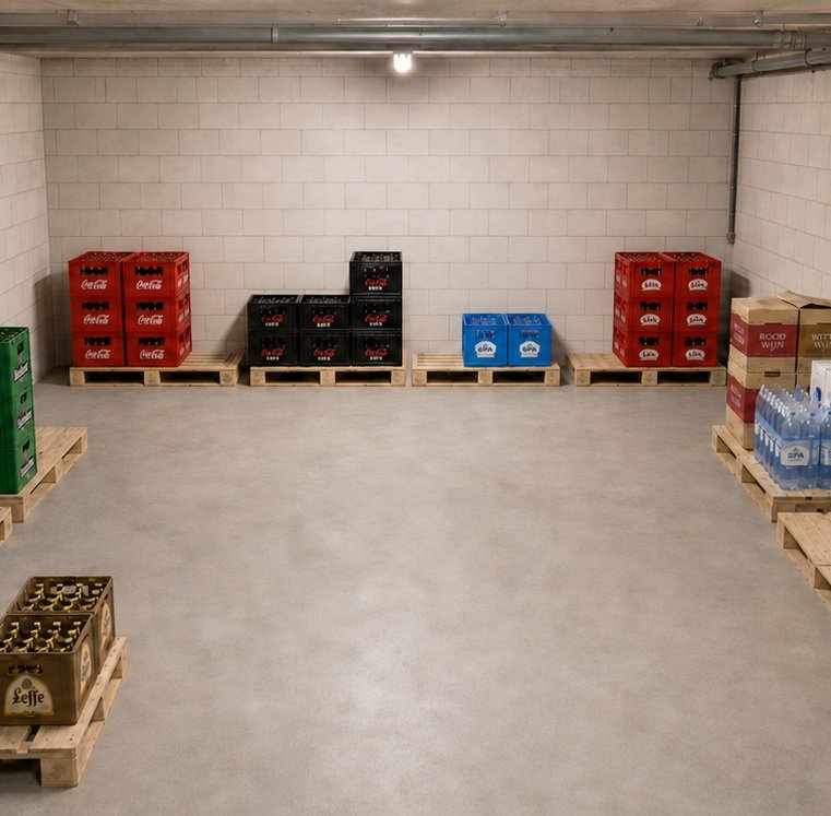 Actueel beeld van dezelfde vijf drankstapels in de kelder