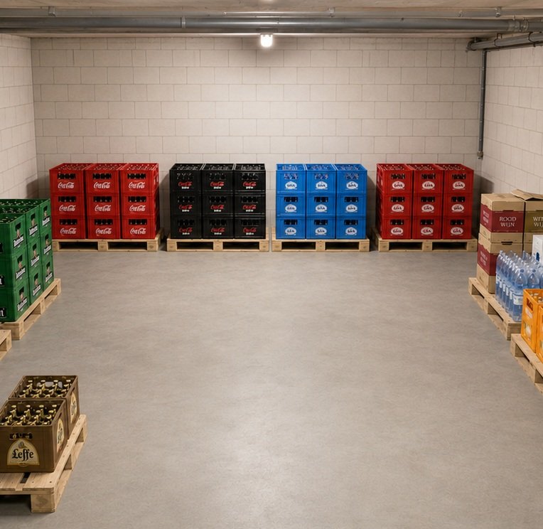 Referentiebeeld van vijf drankstapels in de kelder