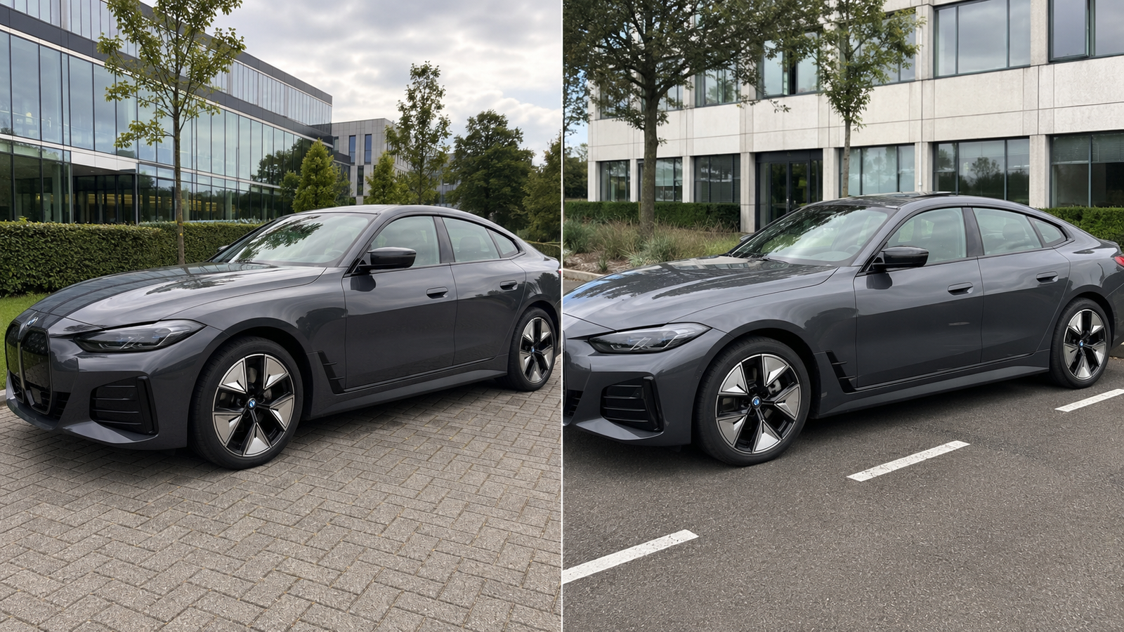 Twee opnamen van een grijze zakelijke sedan in verschillende omgevingen
