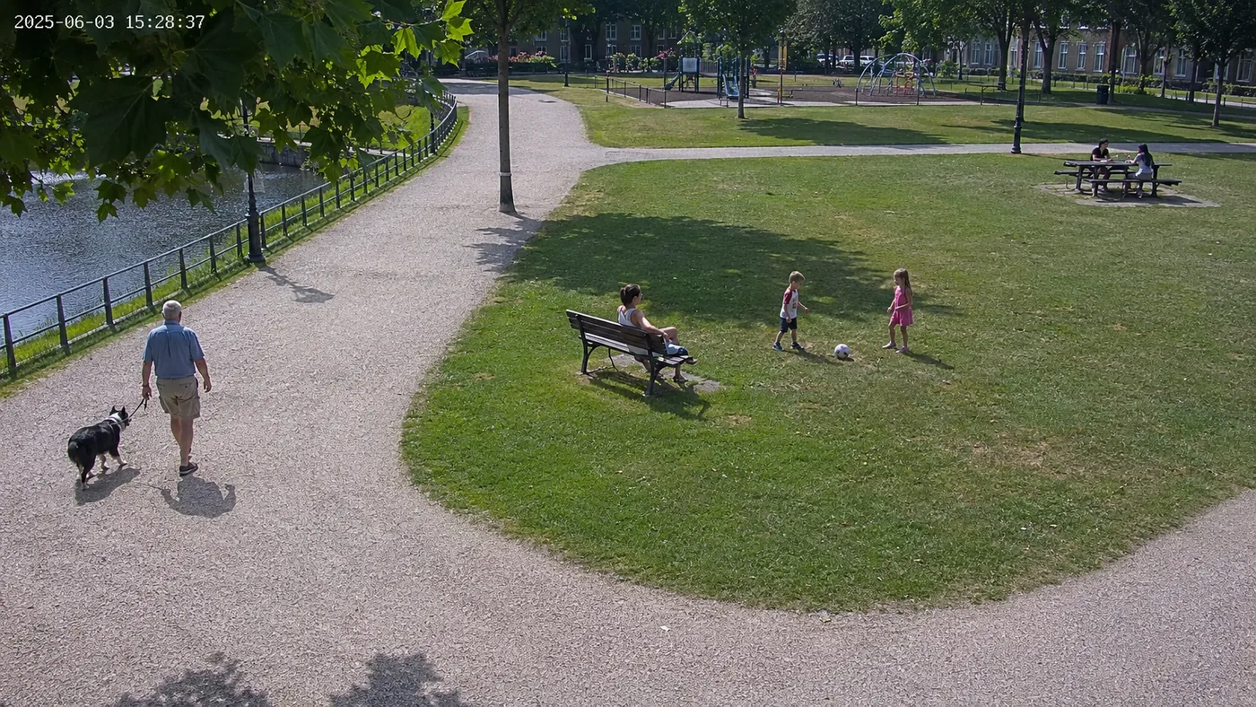 Synthetische parkscène met kinderen, volwassenen en een hond